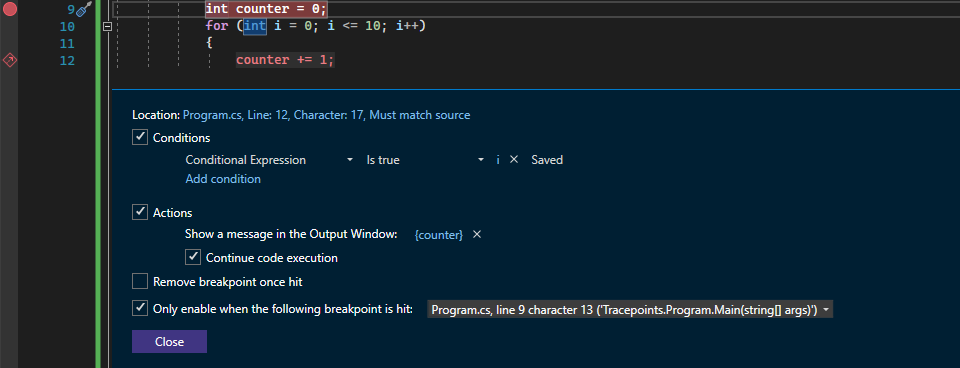 Capture d’écran montrant l’activation lorsqu’un point d’arrêt est activé.