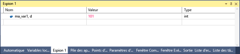 Capture d’écran de la fenêtre Visual Studio Watch avec une ligne montrant my_var1, d avec la valeur 101 et un type d’int.