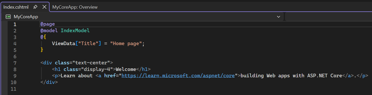 Capture d’écran montrant le fichier Index.cshtml ouvert dans l’éditeur Visual Studio Code.