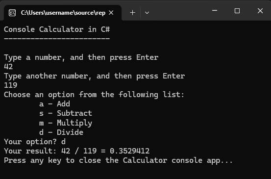 Capture d’écran d’une fenêtre console montrant l’application Calculatrice qui retourne désormais un chiffre décimal en conséquence.