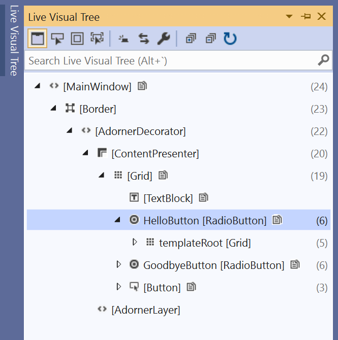 Screenshot of the Live Visual Tree window, showing the tree of visual elements in the page while it is running. Screenshot of Live Visual Tree window