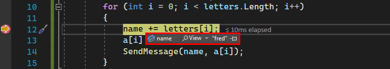 Capture d’écran d’une info-bulle de données dans le débogueur dans Visual Studio&nbsp;2022 qui montre la valeur de chaîne pour la variable «&nbsp;name&nbsp;».