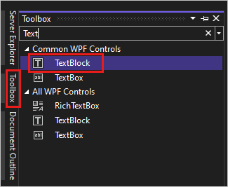 Capture d’écran montrant la fenêtre Boîte à outils avec le contrôle TextBlock mis en surbrillance dans la liste des contrôles WPF courants.