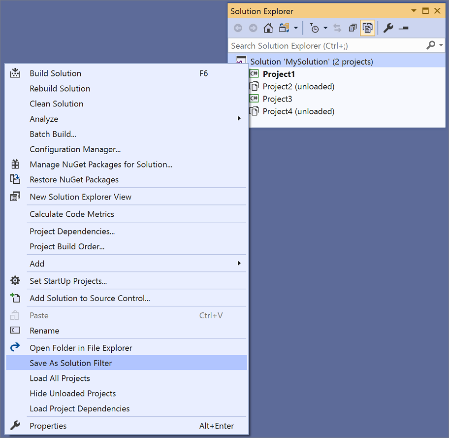 Menu Enregistrer sous le filtre de solution dans l’Explorateur de solutions Visual Studio