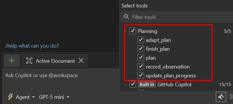 Capture d’écran montrant le groupe Outils de planification avec tous les sous-outils activés en mode agent.