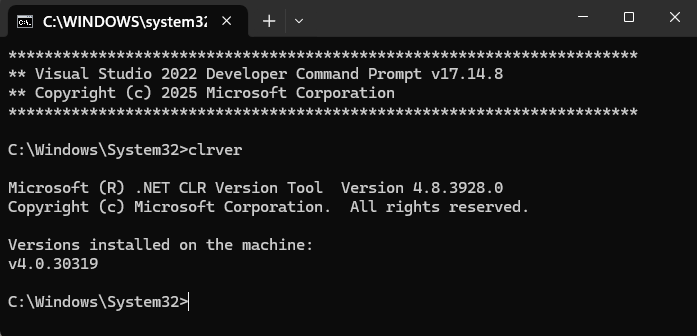 Capture d’écran de l’invite de commandes développeur pour Visual Studio.