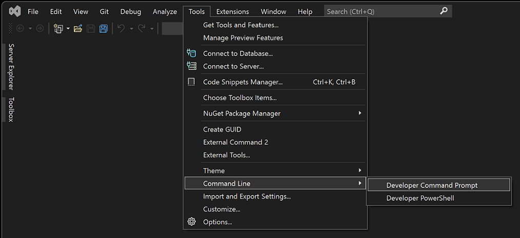Capture d’écran du menu Ligne de commande dans Visual Studio.