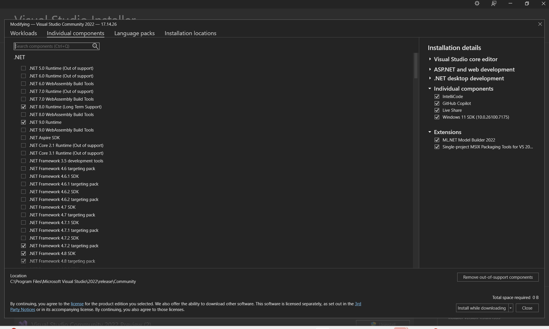 Capture d’écran montrant l’onglet Composants individuels de Visual Studio Installer.