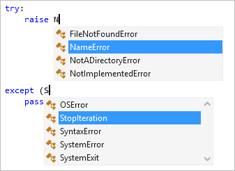 Capture d’écran montrant la complétion d’exception dans l’éditeur Visual Studio.