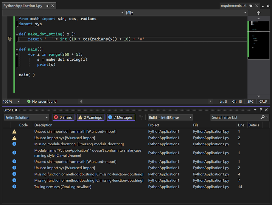 Capture d’écran montrant la liste des erreurs pylintes et des avertissements pour le fichier de code dans Visual Studio.