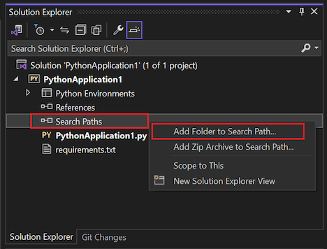 Capture d’écran montrant comment accéder à la commande Ajouter un dossier au chemin de recherche sur les chemins de recherche d’un projet Python dans Explorateur de solutions.