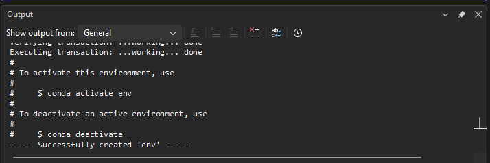 Capture d’écran montrant la création réussie d’un environnement conda.
