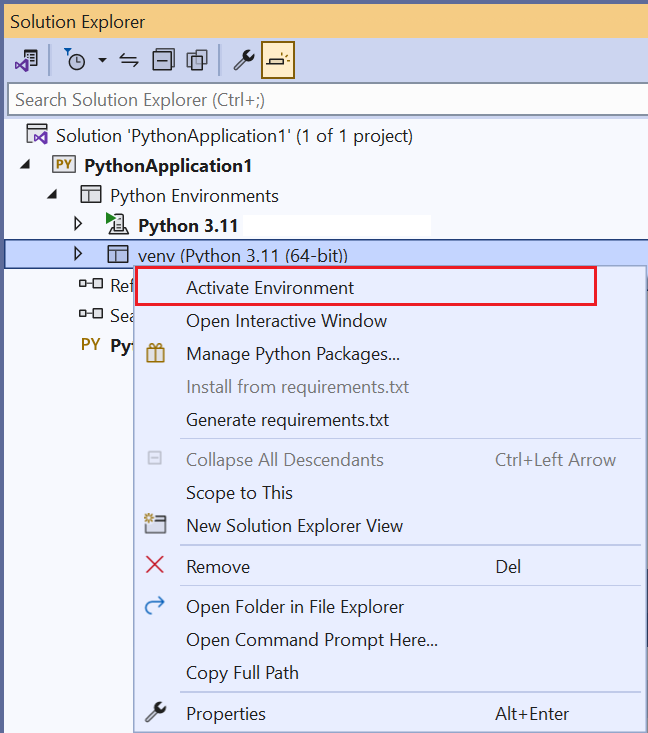 Capture d’écran montrant comment activer un environnement pour un projet Python dans Visual Studio.