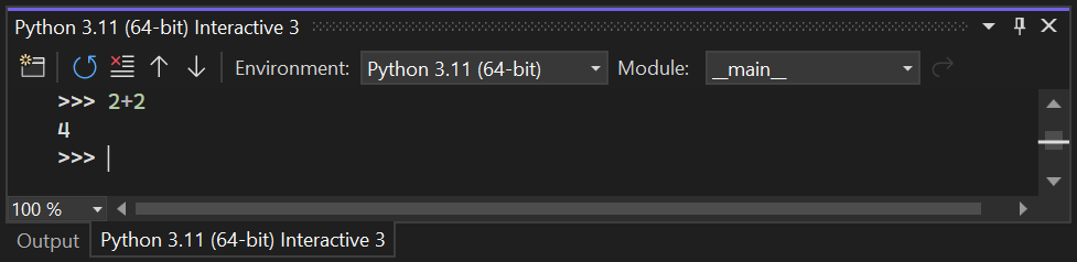 Capture d’écran montrant un test de la prise en charge de Python via la fenêtre interactive de Visual Studio 2022.