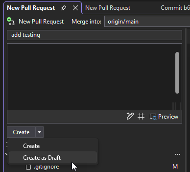 Capture d’écran montrant l’option permettant de créer un pull request en tant que brouillon.