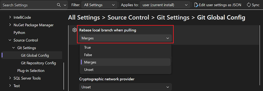 Capture d’écran montrant l’option « Rebase local branch when pulling » avec « Merges » sélectionné dans la liste déroulante.
