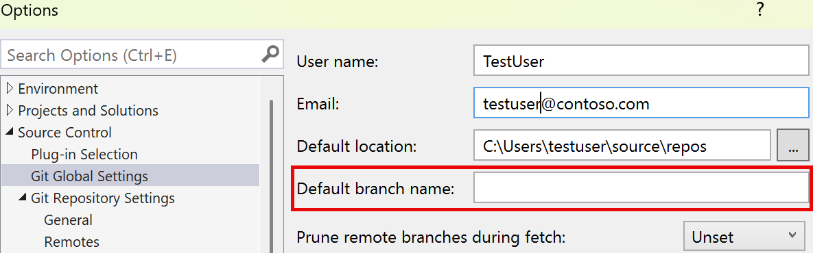 Capture d’écran montrant le champ nom de branche par défaut dans la boîte de dialogue Options.