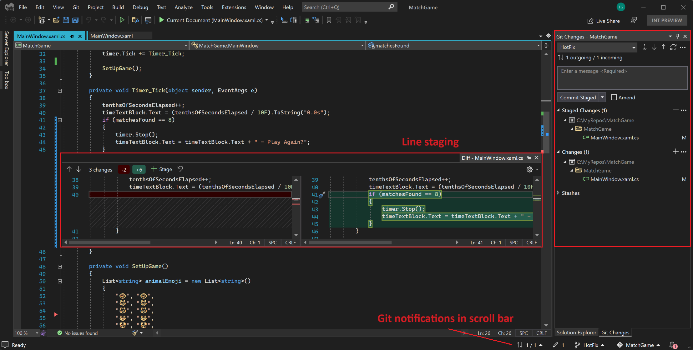 Capture d’écran d’un exemple de la prise en charge de la mise en scène des lignes Git dans Visual Studio 2022.