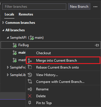 Capture d’écran de la fonctionnalité sélecteur de branche dans la fenêtre de l’outil Modifications Git.