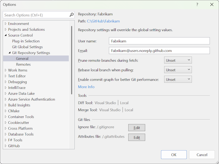 Capture d’écran des paramètres du référentiel Git, options générales dans Visual Studio.