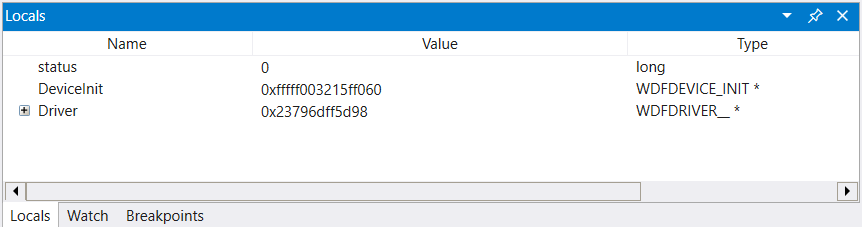 Capture d’écran de WinDbg affichant la fenêtre variables locales.