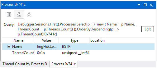 Capture d’écran de la fenêtre Modèle de données présentant deux onglets avec des titres personnalisés dans WinDbg.