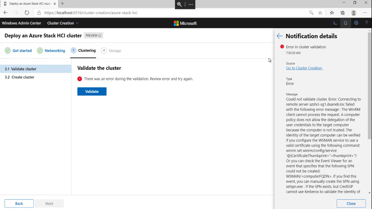 A du message d’erreur Cred S P dans Windows Admin Center déploiement de cluster pouvant apparaître lorsque l’utilisateur tente de valider le cluster.