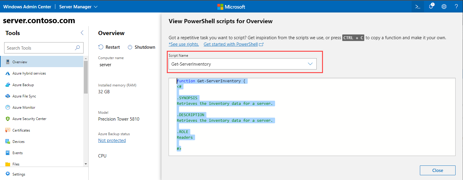 Capture d’écran de la page pour afficher les scripts PowerShell pour une vue d’ensemble.