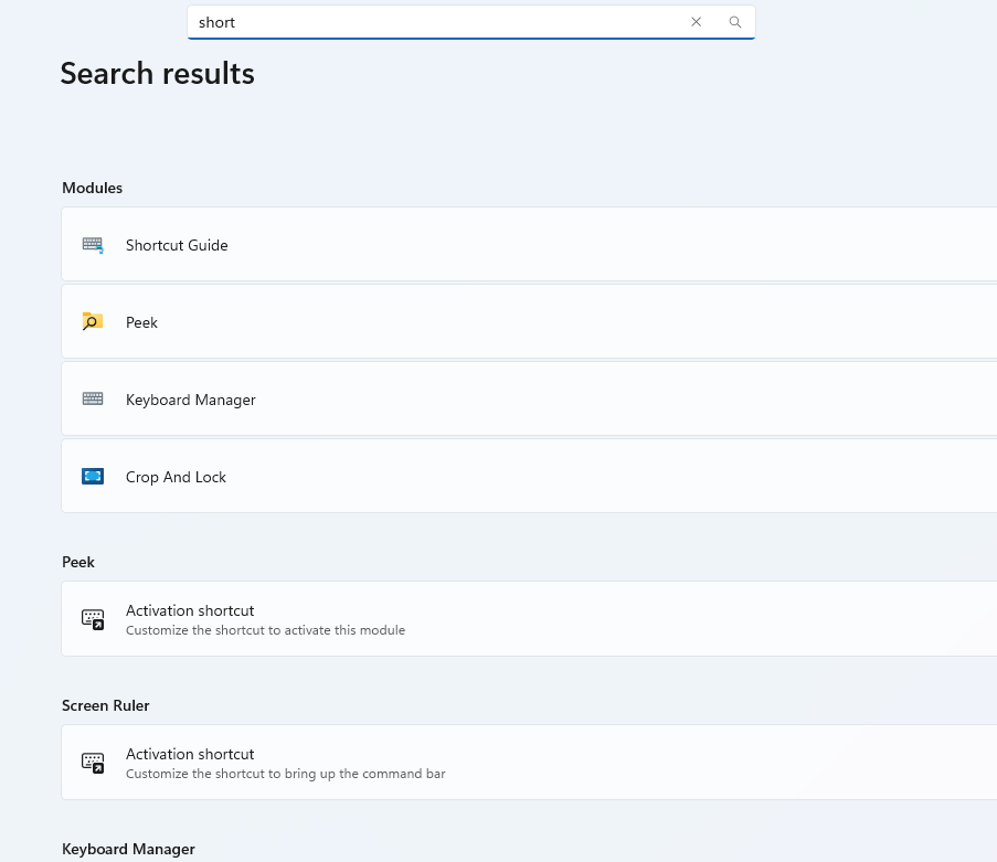 Capture d’écran de la page Résultats de la PowerToys recherche de paramètres.