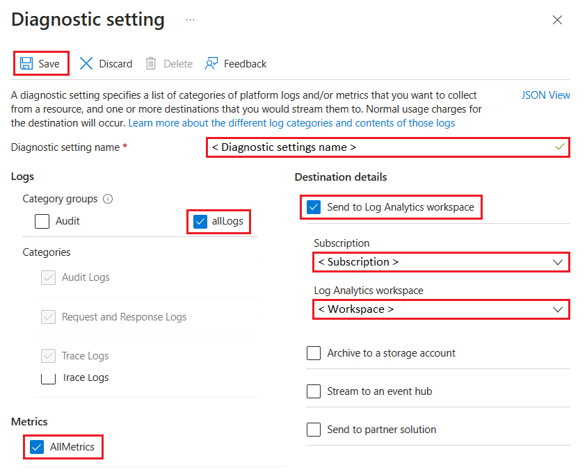 Capture d’écran montrant comment configurer les paramètres de diagnostic pour une ressource Azure OpenAI dans le Portail Azure.