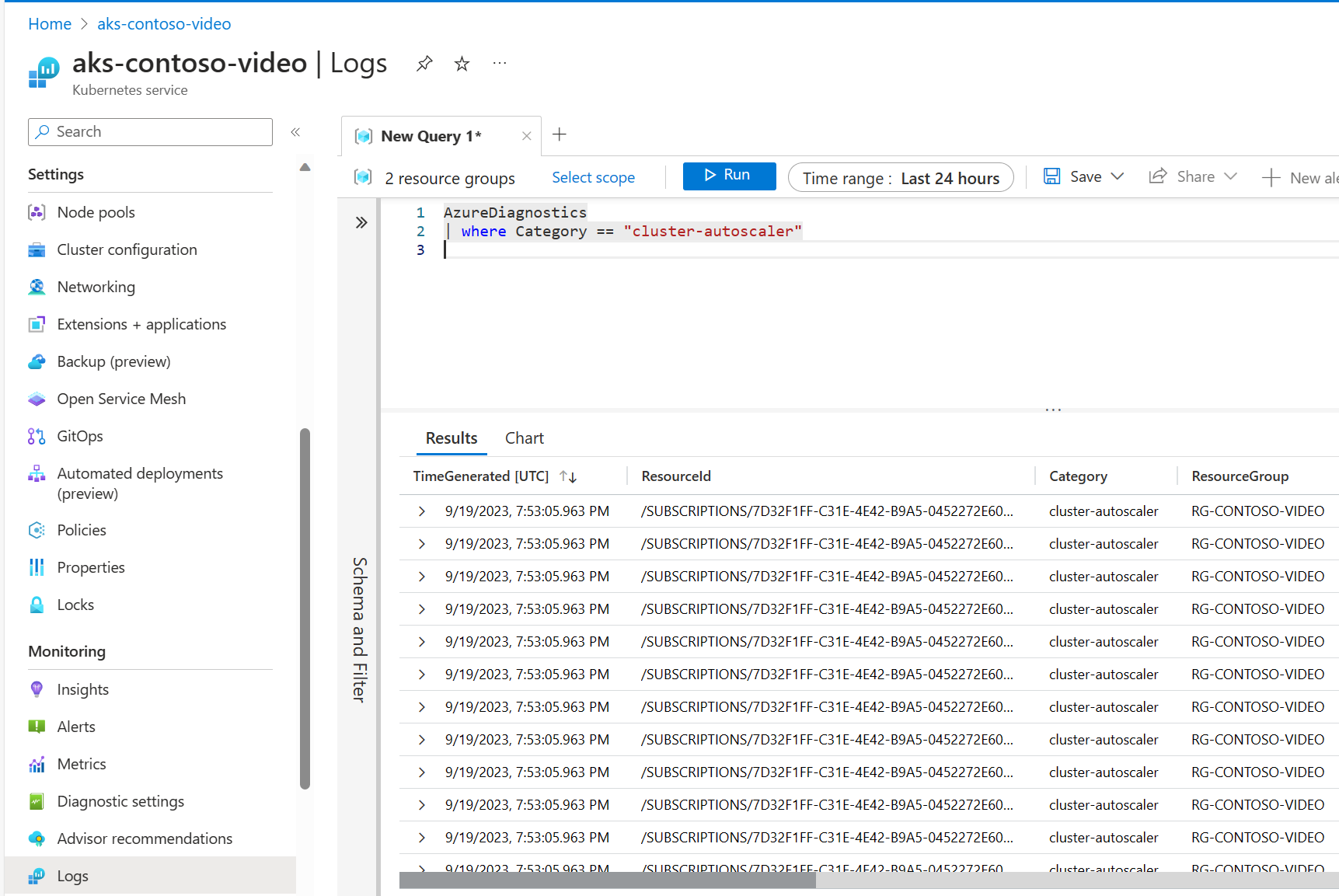 Capture d’écran des journaux Log Analytics.