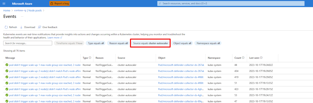 Capture d’écran de la page du Portail Azure pour les événements d’un cluster. Le filtre de la source est mis en surbrillance, indiquant « source: cluster-autoscaler ».