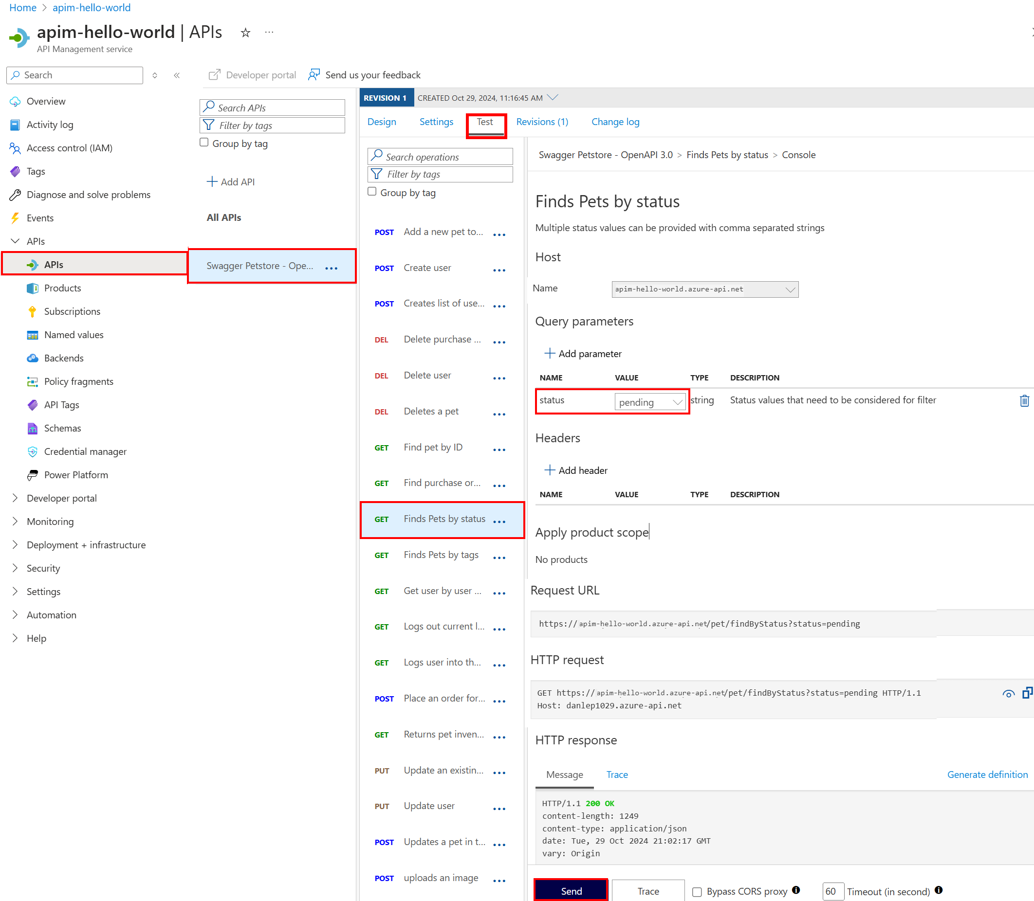Capture d’écran d’un test d’API dans le Portail Azure.