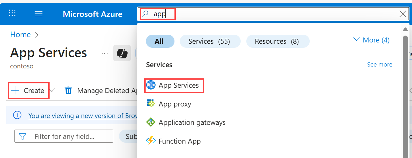 Capture d’écran montrant comment utiliser la zone de recherche dans la barre d’outils supérieure pour trouver l’Assistant de création App Service.
