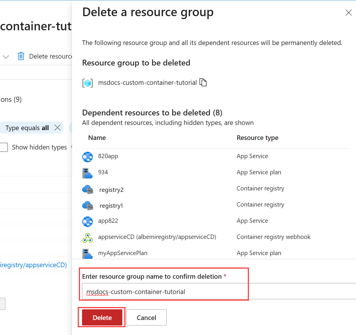 Capture d’écran montrant la boîte de dialogue de confirmation de la suppression d’un groupe de ressources sur le Portail Azure.