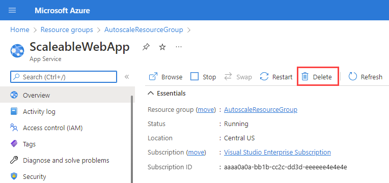 Capture d’écran montrant la page App Service où vous pouvez supprimer l’application web.