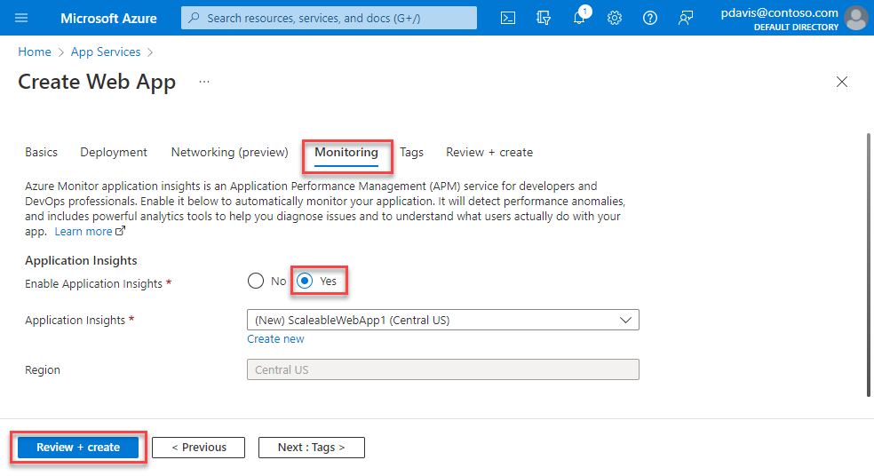 Capture d’écran montrant l’onglet Surveillance de la page Créer une application web où vous activez Application Insights.