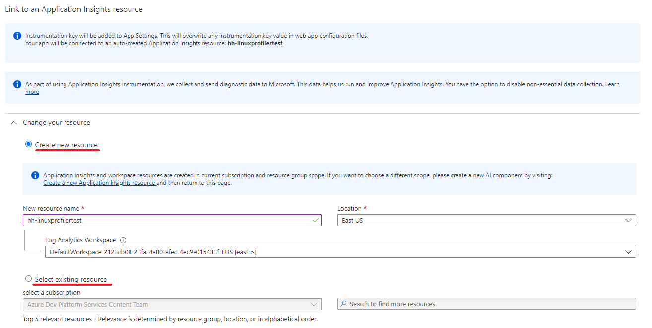 Capture d’écran qui montre la liaison d’Application Insights vers une ressource nouvelle ou existante.