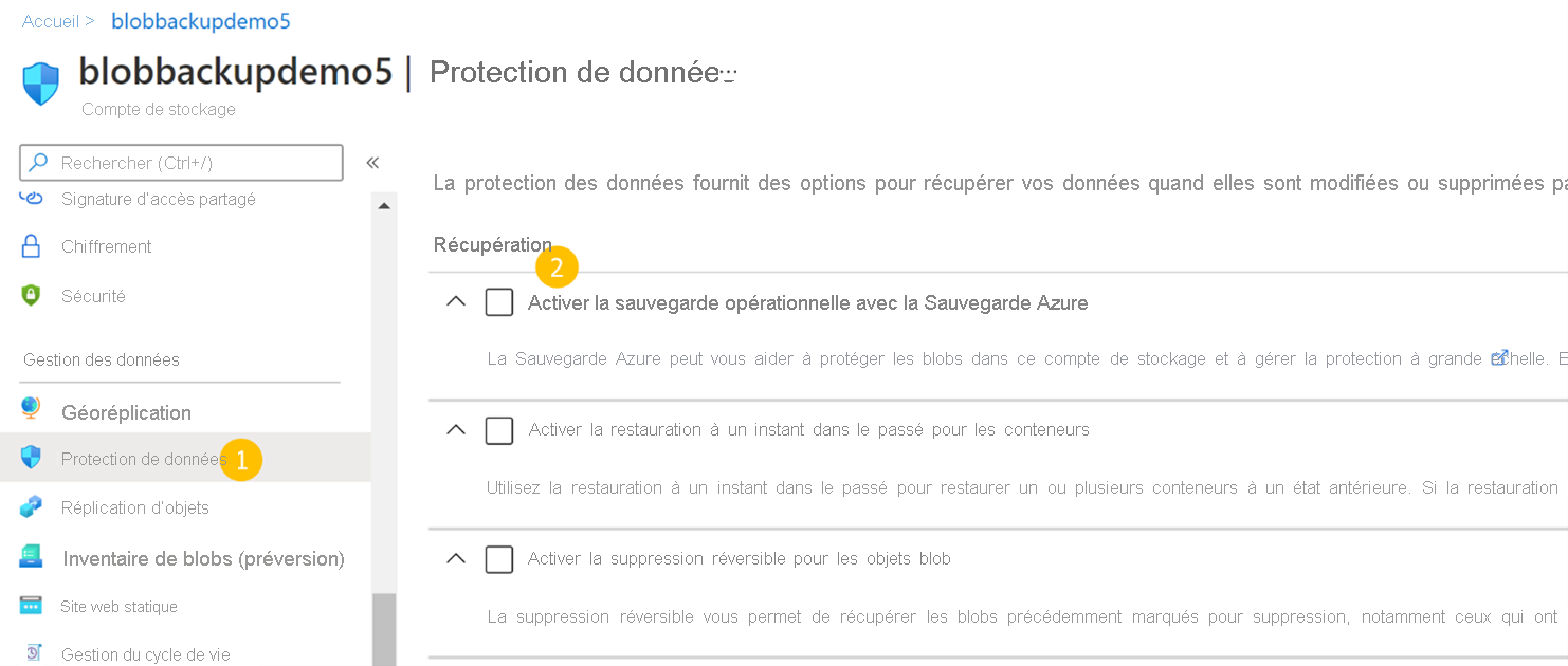 Sauvegarde opérationnelle à l’aide de la Sauvegarde Azure