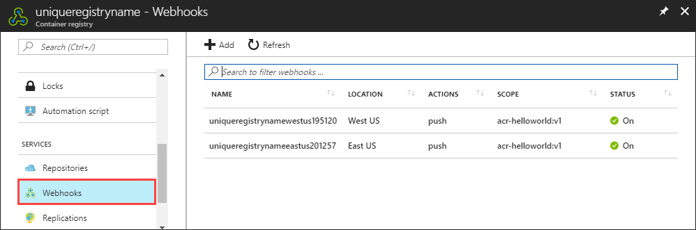 Webhooks de registre de conteneurs dans le portail Azure