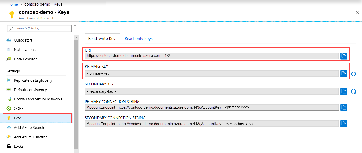 Capture d’écran du portail Azure avec le bouton Clés mis en surbrillance dans la page du compte Azure Cosmos DB