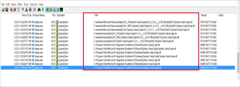 Capture d’écran de la liste de chemins dans Process Monitor.