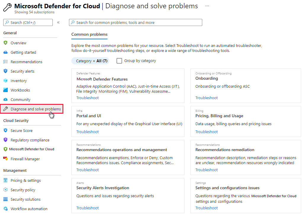 Capture d’écran du portail Azure montrant la page de diagnostic et de résolution des problèmes dans Defender pour le cloud.