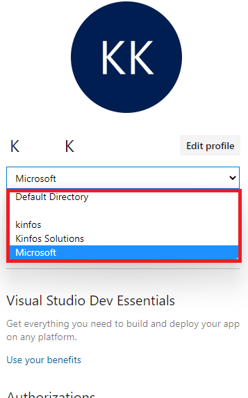 Capture d’écran de la page de profil Azure DevOps utilisée pour sélectionner un compte.