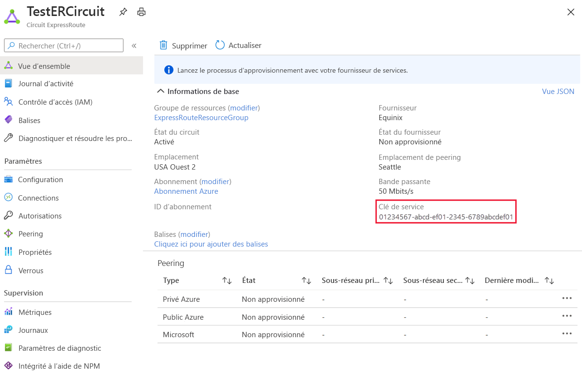 Capture d’écran des propriétés ExpressRoute.