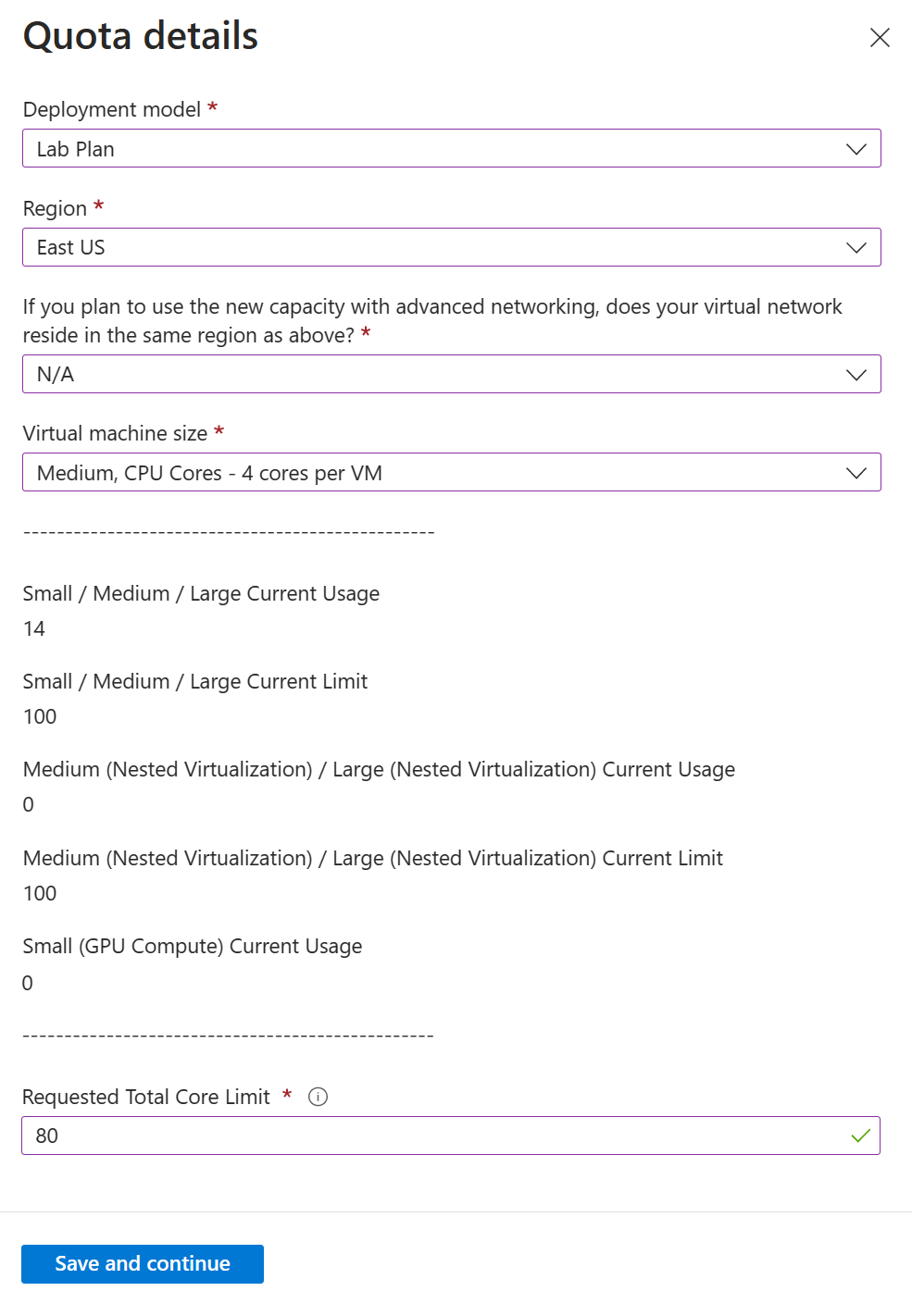 Capture d’écran de la page Détails du quota pour Lab Services v2.