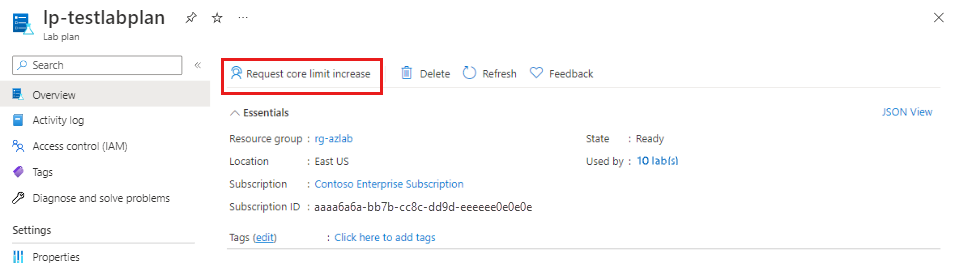 Capture d’écran de la page Vue d’ensemble du plan de labo dans le Portail Azure qui met en évidence le bouton Demander une augmentation de la limite de cœurs.