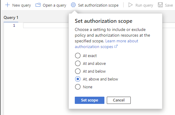 Capture d’écran de l’explorateur Azure Resource Graph montrant le volet Définir l’étendue d’autorisation.
