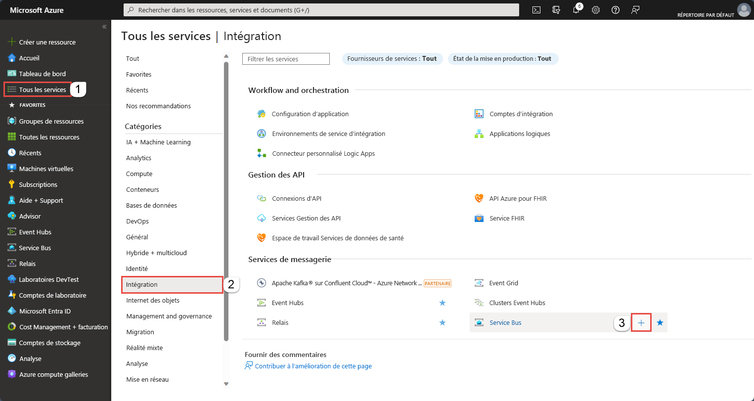 Image illustrant la sélection de Créer une ressource, puis celles de Intégration et de Service Bus, dans le menu.