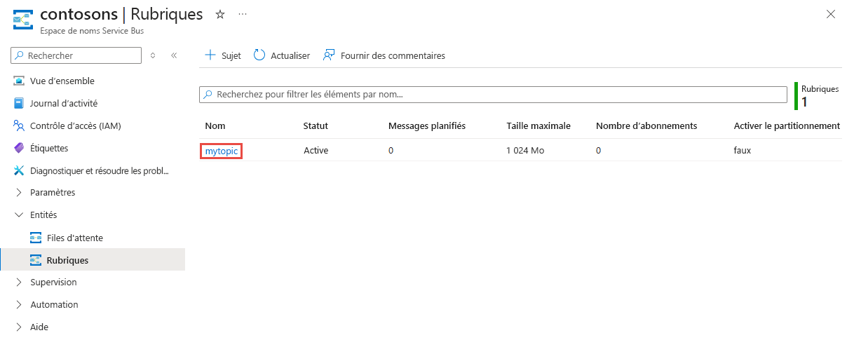 Capture d’écran de la page Rubriques avec votre rubrique selectionnée.